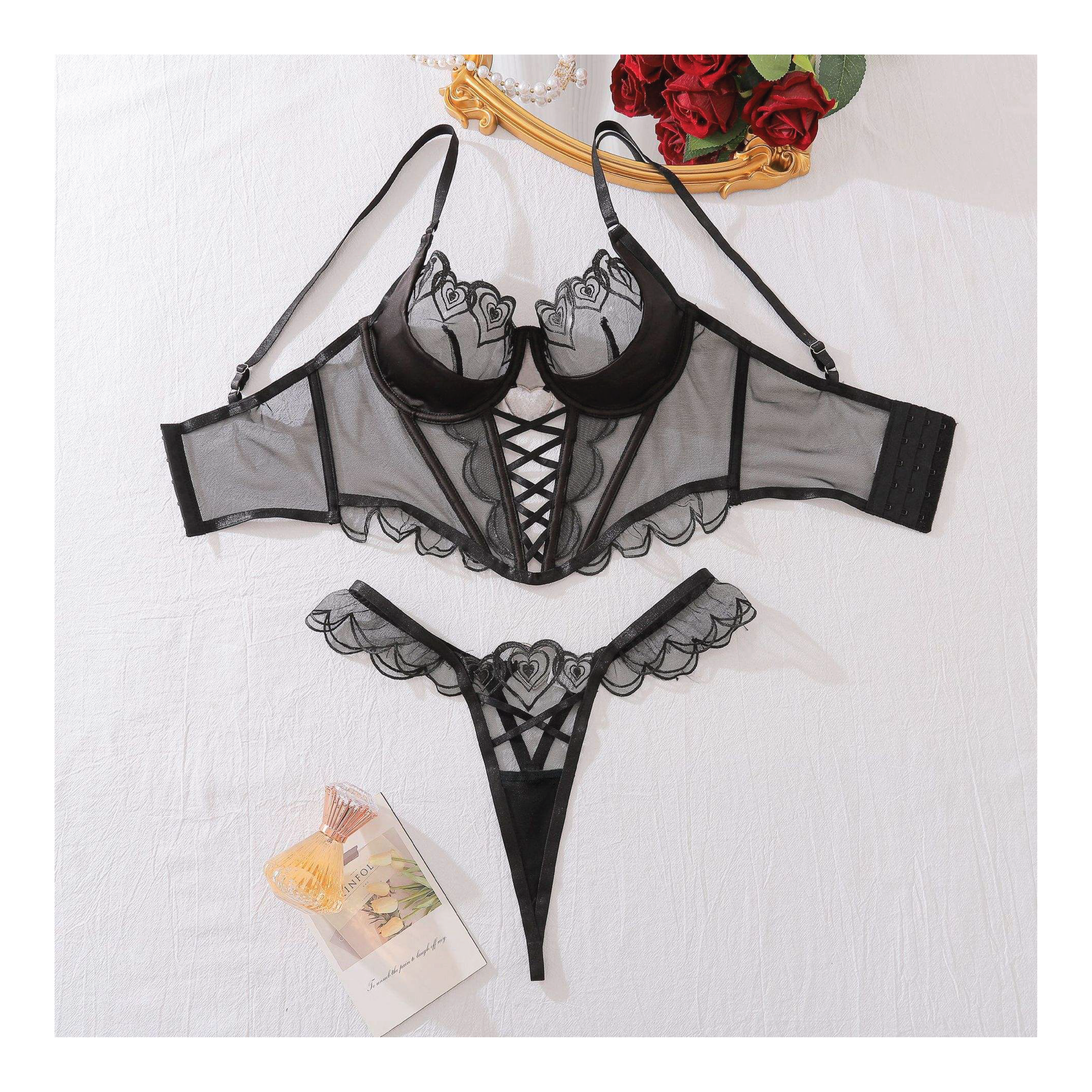 Lingerie Set Sheer Mesh See-Through Bra G-String Thong with Love Embroidery Women Lingerie